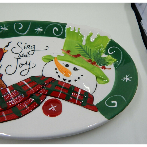 Fitz and Floyd Sentiment Tray Holly Hat Snowman Sing With Joy w/Box Oval - Picture 2 of 8